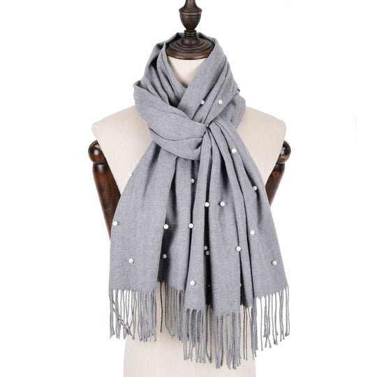 SF960-1 GREY - Fashion Warm Plain Pearl Tassels Scarf