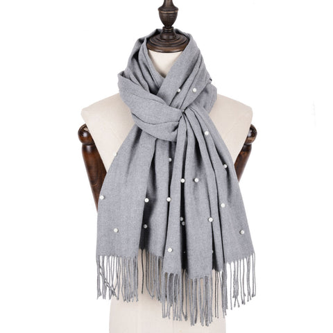 SF960-1 GREY - Fashion Warm Plain Pearl Tassels Scarf