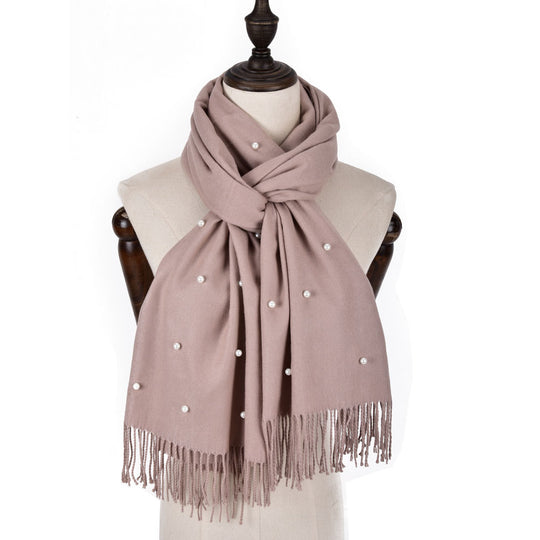 SF960-1 KHAKI - Fashion Warm Plain Pearl Tassels Scarf
