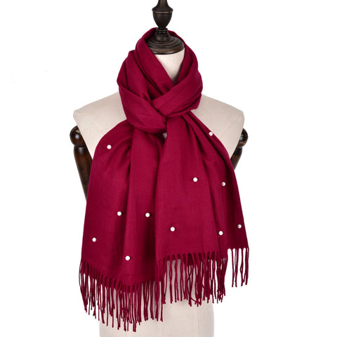 SF960-1 BURGUNDY - Fashion Warm Plain Pearl Tassels Scarf