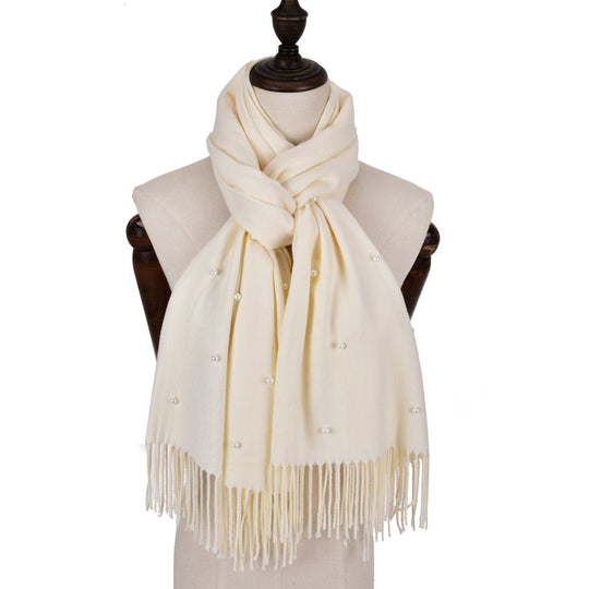 SF960-1 WHITE - Fashion Warm Plain Pearl Tassels Scarf