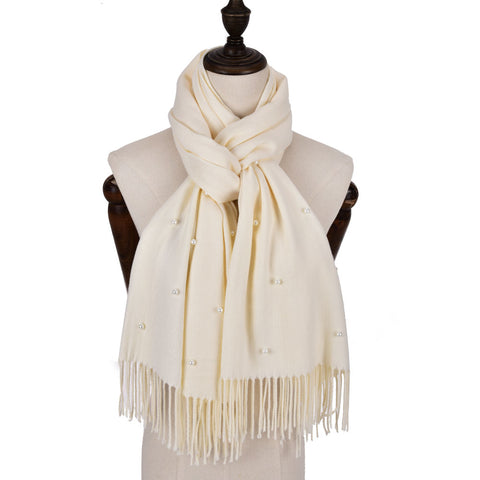 SF960-1 WHITE - Fashion Warm Plain Pearl Tassels Scarf