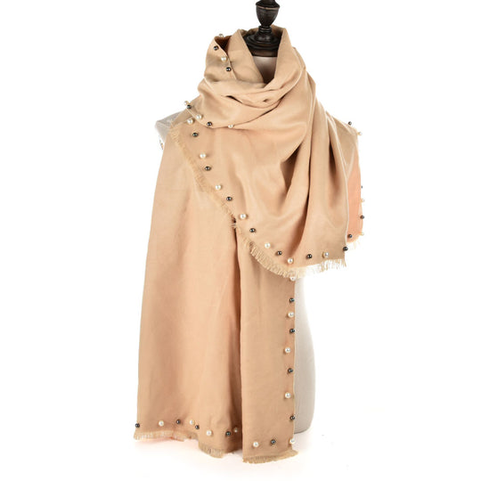 SF961 Camel - Plain Pearls Supersoft Long Scarf
