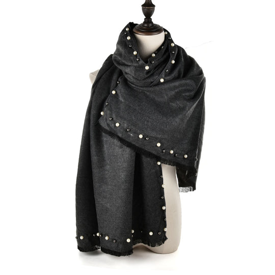 SF961 Dark Grey - Plain Pearls Supersoft Long Scarf