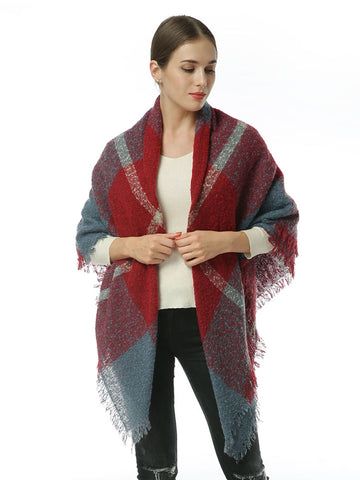 SF962-1-RED - Women Plaid Scarf With Tassels