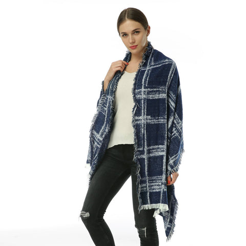 SF969 Navy - Oversize Checked Cape Scarf