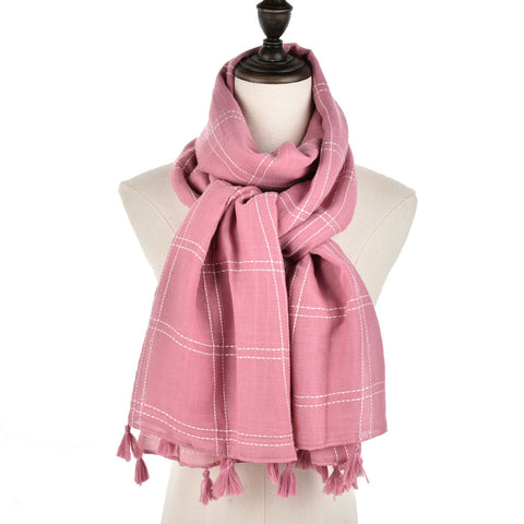SF974 Pink - Fashion Quilted Detail Soft Tassels Women Scarf