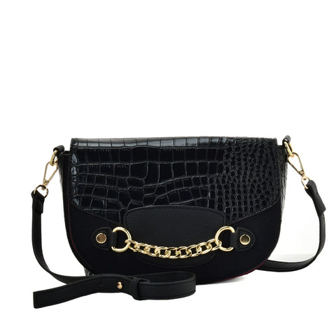 SY2207 BLACK - Leather Saddle Bag With Hardware Ring Chain Decoration (was £11)