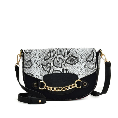 SY2207 BLACK&WHITE - Leather Saddle Bag With Hardware Ring Chain Decoration (was £11)