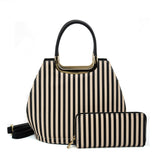 VK2126 BLACK&BEIGE - Simple Set Bag With Vertical Stripes And Special Handle Design