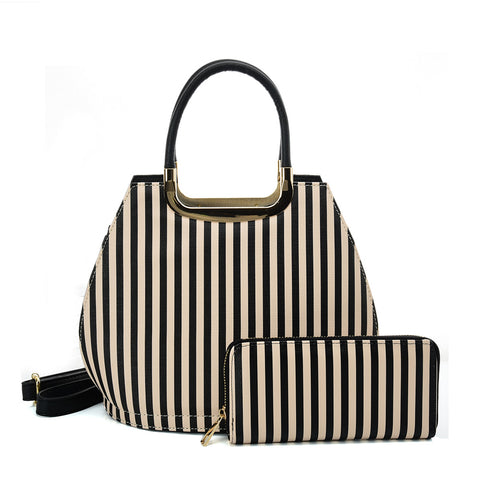 VK2126 BLACK&BEIGE - Simple Set Bag With Vertical Stripes And Special Handle Design