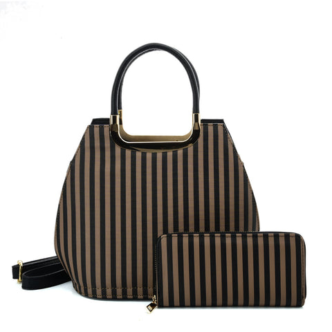 VK2126 BLACK&KHAKI - Simple Set Bag With Vertical Stripes And Special Handle Design