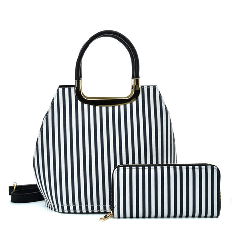 VK2126 BLUE&WHITE - Simple Set Bag With Vertical Stripes And Special Handle Design