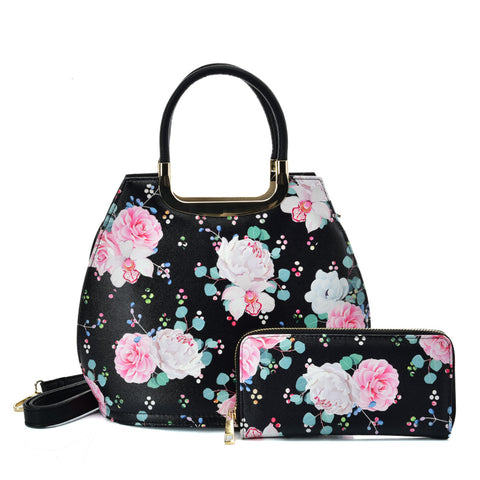 VK2131 BLACK - Shell Set Bag With Flowers And Special Handle Design
