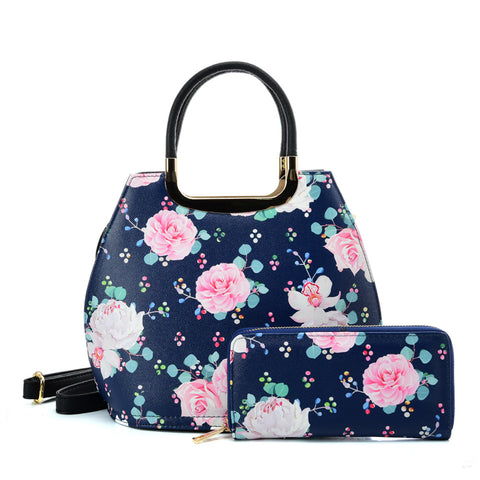 VK2131 BLUE - Shell Set Bag With Flowers And Special Handle Design