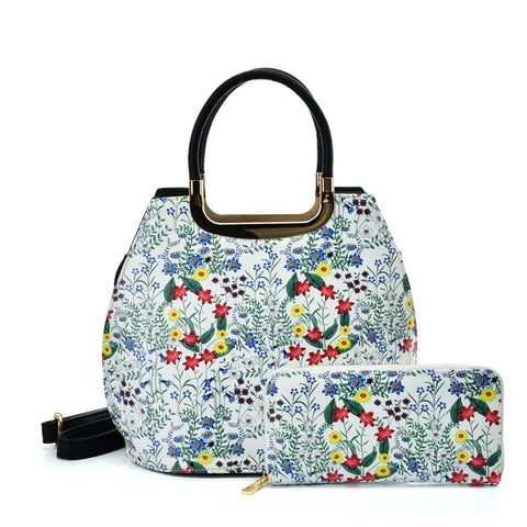 VK2132 WHITE - Shell Set Bag With Small Flowers And Special Handle Design