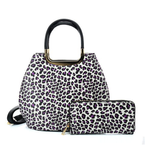 VK2134 PURPLE - Shell Set Bag With Leopard Print And Special Handle Design