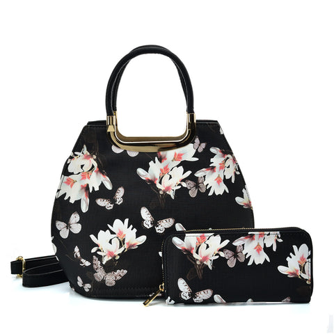 VK5630-BLACK - Shell Set Bag With Flowers And Butterflies And Special Handle Design