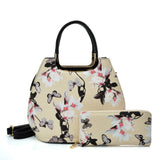 VK5630-KHAKI - Shell Set Bag With Flowers And Butterflies And Special Handle Design