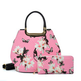 VK2135 PINK- Shell Set Bag With Flowers And Butterflies And Special Handle Design