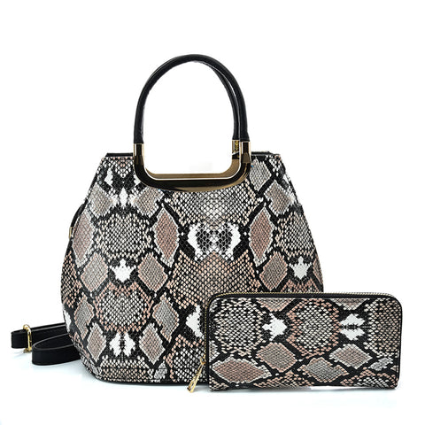 VK2136 KHAKI - Shell Set Bag With Snakeskin Pattern And Special Handle Design