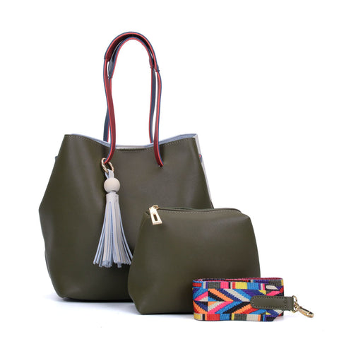 VK5173 Green - Women Tassel Patchwork Soft Handbag & Purses Set