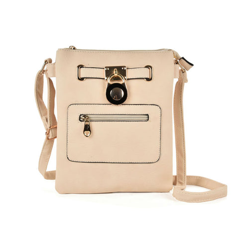 VK5268 Beige - Women Zipper Cross Body Bag With Lock Detail