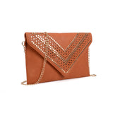 VK5292 Earth Yellow - Studded Hollow Clutch Bag With Chain Shoulder Strap