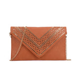 VK5292 Earth Yellow - Studded Hollow Clutch Bag With Chain Shoulder Strap