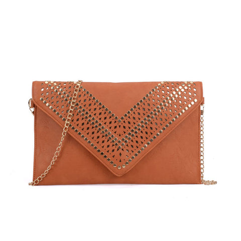 VK5292 Earth Yellow - Studded Hollow Clutch Bag With Chain Shoulder Strap