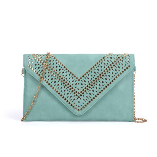 VK5292 Green - Studded Hollow Clutch Bag With Chain Shoulder Strap