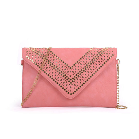 VK5292 Pink - Studded Hollow Clutch Bag With Chain Shoulder Strap