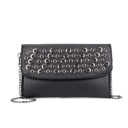 VK5294 Black - Classic Studded Flap Clutch Bag With Chain Strap