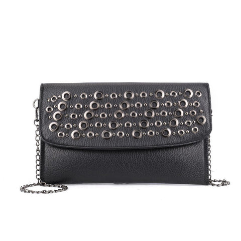 VK5294 Black - Classic Studded Flap Clutch Bag With Chain Strap