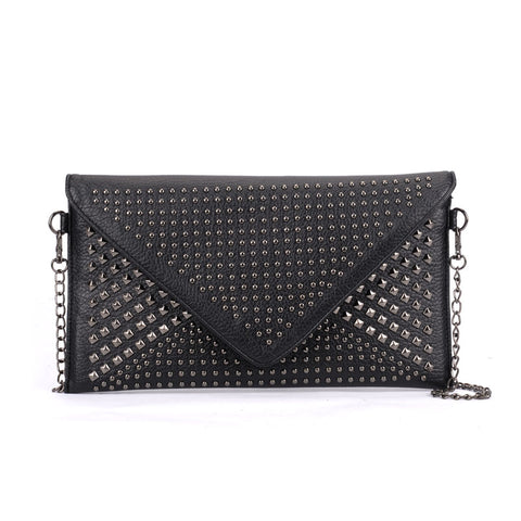 VK5295 Black - Studded Detail Envelope Clutch Bag With Chain Strap