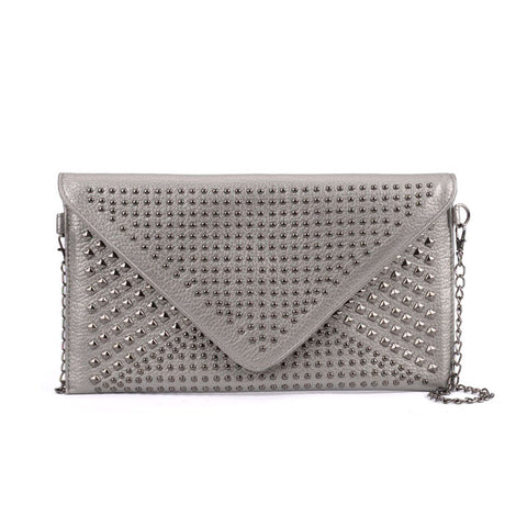 VK5295 Grey - Studded Detail Envelope Clutch Bag With Chain Strap