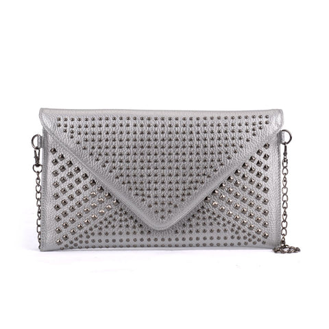 VK5295 Silver - Studded Detail Envelope Clutch Bag With Chain Strap