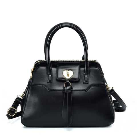 VK5589 BLACK - Pure Color Tote Bag With Circle Buckle Design