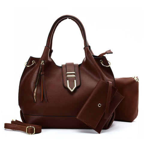 VK5602 COFFEE - Pure Color Set Bag With Buckle Design And Metal Ring Decoration