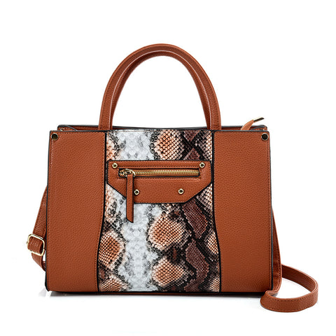 VK5606 BROWN - Simple Tote Bag With Snakeskin Decoration