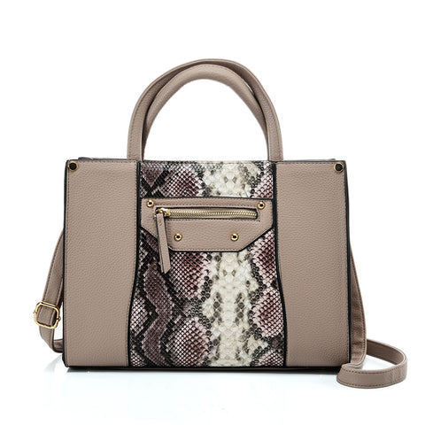 VK5606 KHAKI - Simple Tote Bag With Snakeskin Decoration