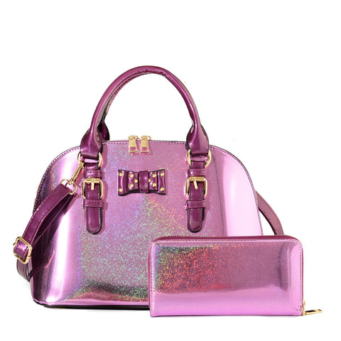 VK5615-PINK - Ladies new solid color handbag with wallet set