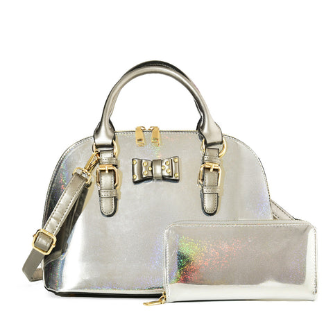 VK5615-SILVER - Ladies new solid color handbag with wallet set