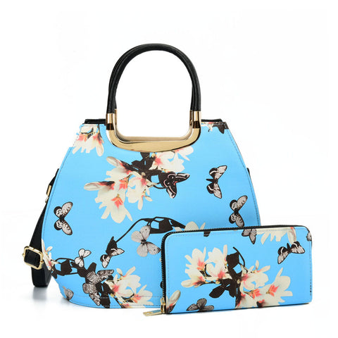 VK5630-BLUE - Shell Set Bag With Flowers And Butterflies And Special Handle Design