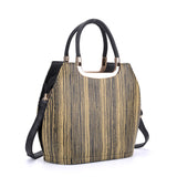 VK8888-14 - Beige Vertical Stripes Tote Bag With Metal Detail