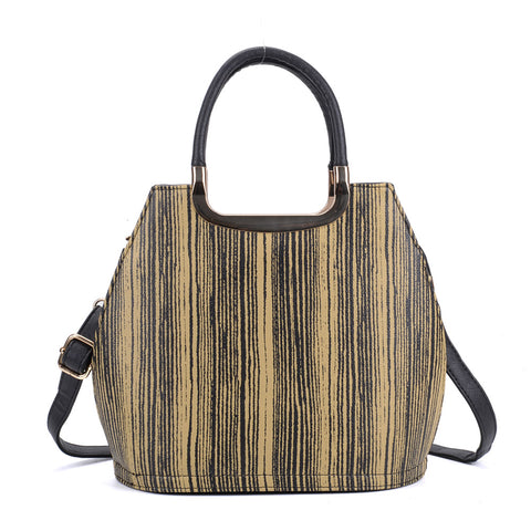 VK8888-14 - Beige Vertical Stripes Tote Bag With Metal Detail