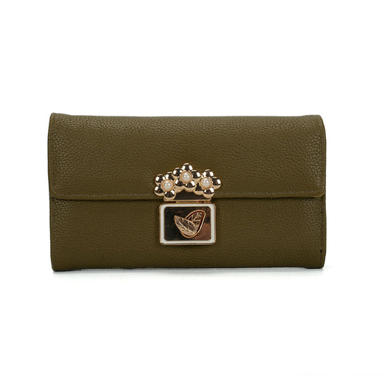 VKP1424 Green  - Chic Leaf Shape Metal Button Flower Pattern Wallet