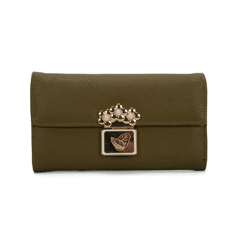 VKP1424 Green  - Chic Leaf Shape Metal Button Flower Pattern Wallet