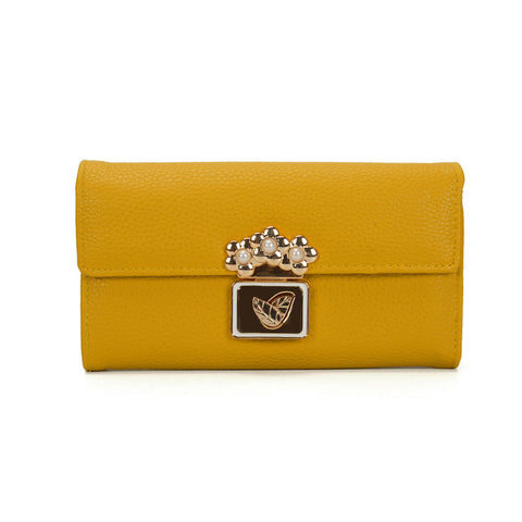 VKP1424 Yellow  - Chic Leaf Shape Metal Button Flower Pattern Wallet
