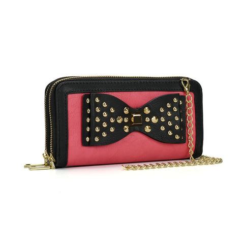 VKP1431 Fushia  - Rivet Bow Decoration Metal Chain Wallet